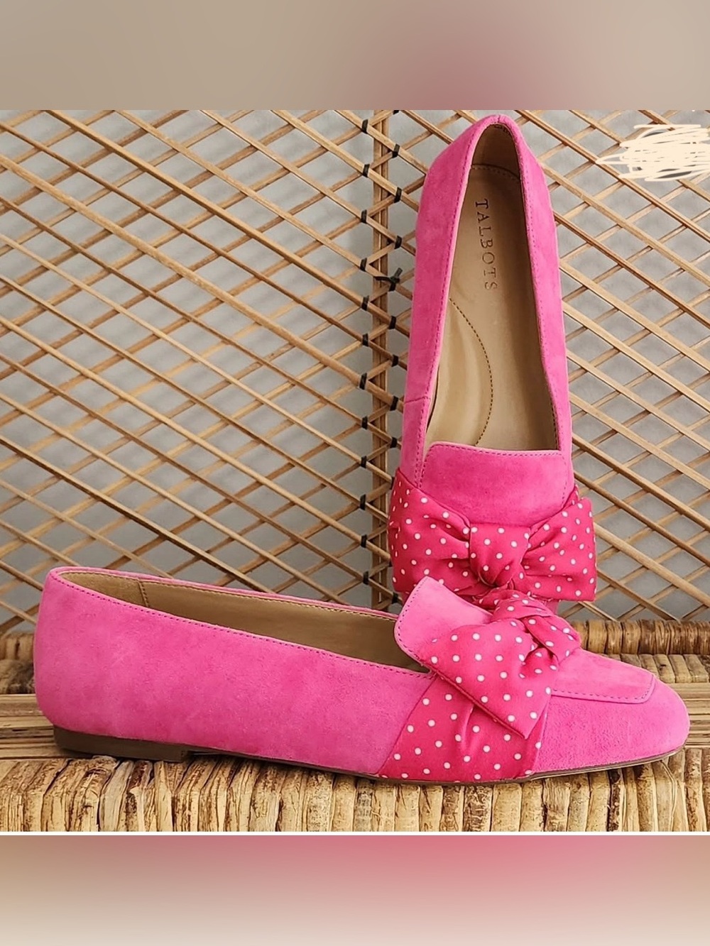 Talbots Bright Pink Suede Loafers with Polka Dot Bow